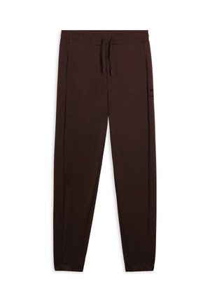 Pantaloni jogger marroni con vita elastica e cordoncino, dotati di tasche laterali e caviglie elastiche. Tessuto liscio con dettagli minimi.