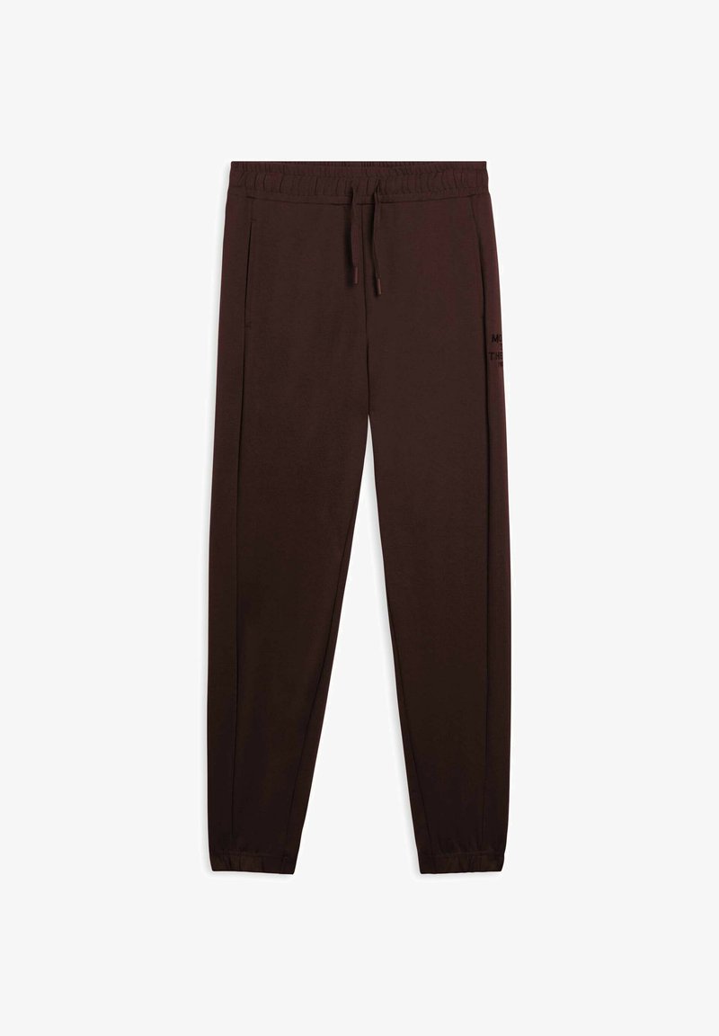 Pantalons de jogging bruns avec taille élastique et cordon de serrage, comportant des poches latérales et des chevilles resserrées. Tissu lisse avec un minimum de détails.