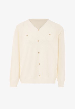 Krém színű, hosszú ujjú kardigán, gyémántos steppelésmintával és hat díszes aranygombbal az elején.