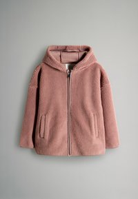 Mikina na zips v svetloružovej farbe s veľkou kapucňou, dvoma bočnými vreckami a mäkkou, štruktúrovanou tkaninou.