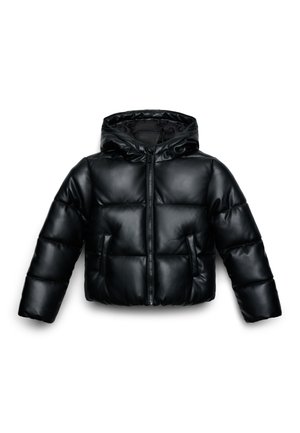 Schwarze Puffjacke aus Kunstleder, mit Kapuze, Frontreißverschluss und zwei seitlichen Taschen, ausgestattet mit einem gesteppten Design zur Isolation.