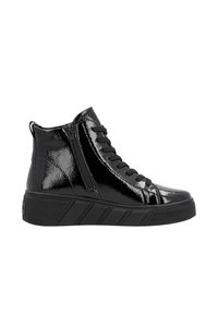 Baskets montantes noires en cuir verni brillant, dotées d'une fermeture éclair, d'un devant à lacets, d'une semelle texturée et d'un design de plateforme angulaire.