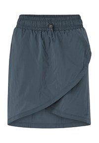 Donkergrijze, lichte, wikkelstijl rok met een elastische tailleband en verstelbaar trekkoord; heeft een zachte textuur en minimalistische naden.