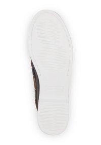 Sneakers für Herren mit strukturierten schwarzen Stoffseiten, einer weißen Gummisohle und einem sandfarbenen Akzent nahe der Ferse. Minimale Markenkennzeichnung sichtbar.