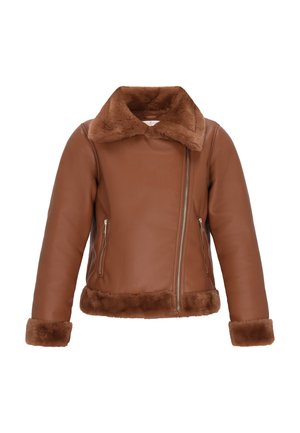 Hnědá koženka s kožešinovým límcem, manžetami a lemem, s asymetrickým předním zipem a zipovými kapsami po stranách.