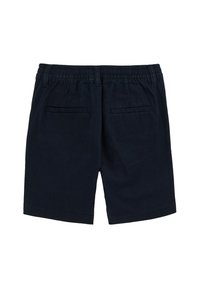 Marina blå shorts i bomullsmaterial. Har midja med elastiskt band och två bakfickor med lockdesign. Normal passform.