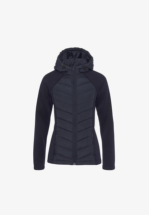 Mørkeblå jakke med en quiltet krop og fleeceærmer, der har hætte, lynlås foran og sidelommer. Struktureret stof med subtile mønstre.