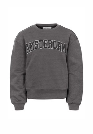 Grijze sweatshirt met "AMSTERDAM" in vetgedrukte witte tekst, geribde mouwen en een ronde hals. Gemaakt van een zachte, gestructureerde stof.