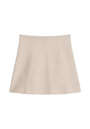 Beige A-Linien Minirock mit feinen Nahtdetails, gefertigt aus weichem, strukturiertem Stoff, flach auf weißem Hintergrund dargestellt.