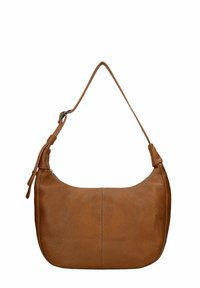 Brązowa skórzana torba na ramię z regulowanym paskiem, w kształcie zaokrąglonego prostokąta i z teksturą przypominającą drobne kamyki, na białym tle.