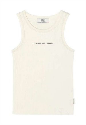 Débardeur de couleur crème avec texture côtelée, encolure ronde, et texte imprimé en noir "LE TEMPS DES CERISES" à l'avant.