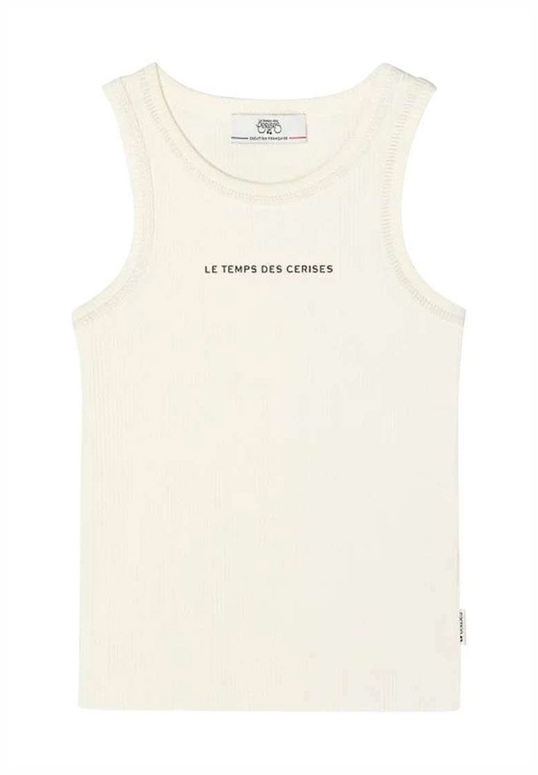 Crème-kleurige tanktop met ribbelstructuur, ronde halslijn en zwarte bedrukte tekst "LE TEMPS DES CERISES" op de voorkant.