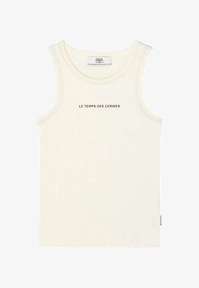 Crème-kleurige tanktop met ribbelstructuur, ronde halslijn en zwarte bedrukte tekst "LE TEMPS DES CERISES" op de voorkant.