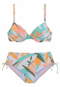 Bikini-Set in mehreren Farben mit floralem Muster in Pastelltönen von Rosa, Grün und Orange; verstellbare Träger; gebundene Seiten am Höschen.