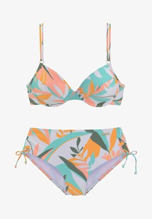 Bikini-Set in mehreren Farben mit floralem Muster in Pastelltönen von Rosa, Grün und Orange; verstellbare Träger; gebundene Seiten am Höschen.