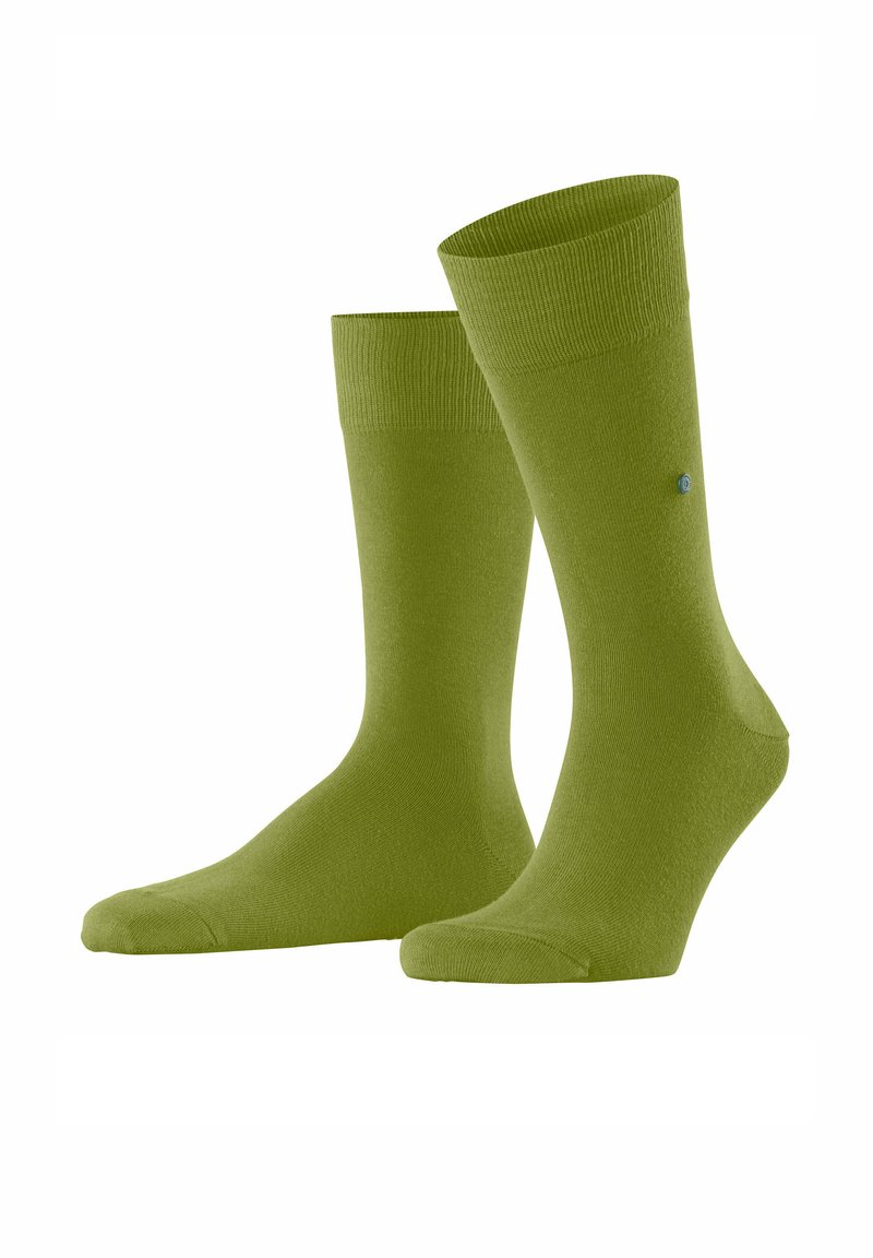Grüne Baumwollsocken mit gerippten Bündchen, einer glatten Textur und verstärktem Zeh. Auf der Seite befindet sich ein kleines blaues Logo.