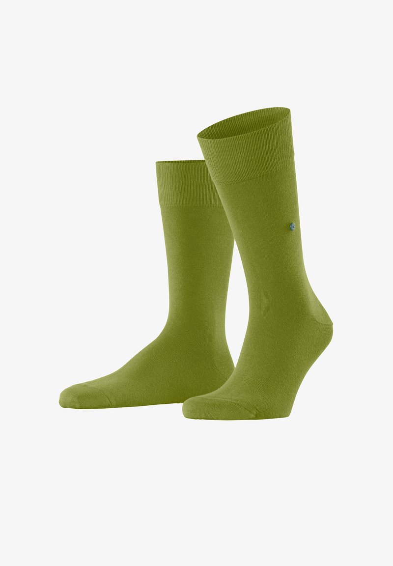 Grüne Baumwollsocken mit gerippten Bündchen, einer glatten Textur und verstärktem Zeh. Auf der Seite befindet sich ein kleines blaues Logo.