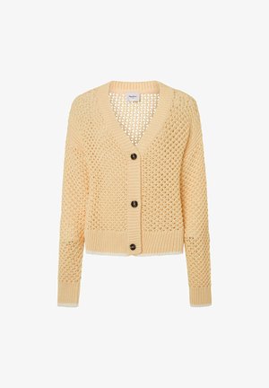 Cardigan motivo a maglia di un giallo chiaro, con scollo a V, tessitura aperta, chiusura con un bottone e polsini e orlo a coste.
