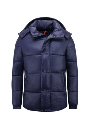 Marineblauwe gewatteerde pufferjas met hoge kraag, drukknopen, ritssluitingen aan de zijkanten en een gewatteerd ontwerp voor warmte.