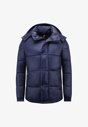 Marineblauwe gewatteerde pufferjas met hoge kraag, drukknopen, ritssluitingen aan de zijkanten en een gewatteerd ontwerp voor warmte.