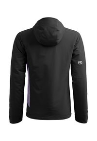Black waterproof jacket with a hood, featuring a side panel in light purple. Includes a logo on the upper arm and long sleeves.