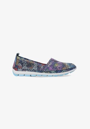 Multicolored slip-on shoes featuring a floral cutout design, blue rubber sole, and white midsole, with a flexible, lightweight construction.