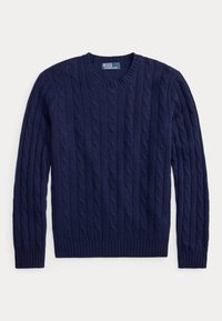 Laivastonsininen palmikkoneuleinen pyöreäkauluksinen neulepaita, jossa pitkät hihat, resorireunat hihoissa ja helmassa, merkkinä Polo by Ralph Lauren.