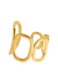 Goldring mit miteinander verbundenen abstrakten Formen in unterschiedlichen Größen und mit glatten Oberflächen; die polierte Oberfläche verstärkt den Glanz und die Textur.