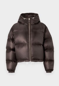 Giacca a vento nera con cappuccio, finitura lucida, zip frontale e polsini elasticizzati. Design cropped con stringhe regolabili all'orlo.
