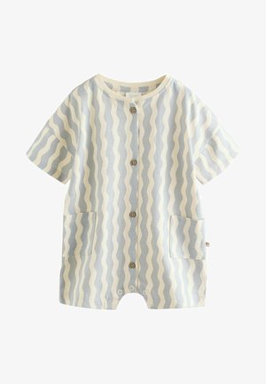 Body a maniche corte in blu e crema con motivo ondulato, bottoni davanti, due tasche e chiusura a scatti nella parte inferiore.