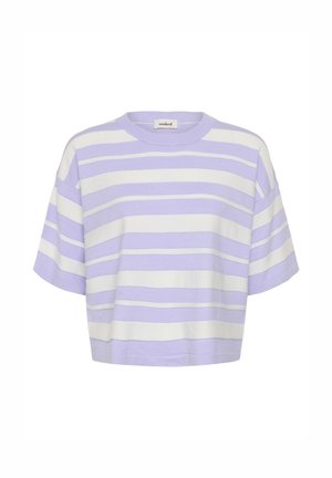 T-shirt à manches courtes rayé lilas et blanc, confectionné en tissu doux. Il présente un col rond et une silhouette ample et courte.