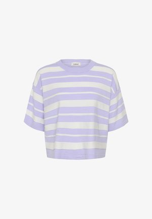 Lila és fehér csíkos rövid ujjú póló puha anyagból. Kerek nyakkivágással és laza, rövidített fazonnal rendelkezik.