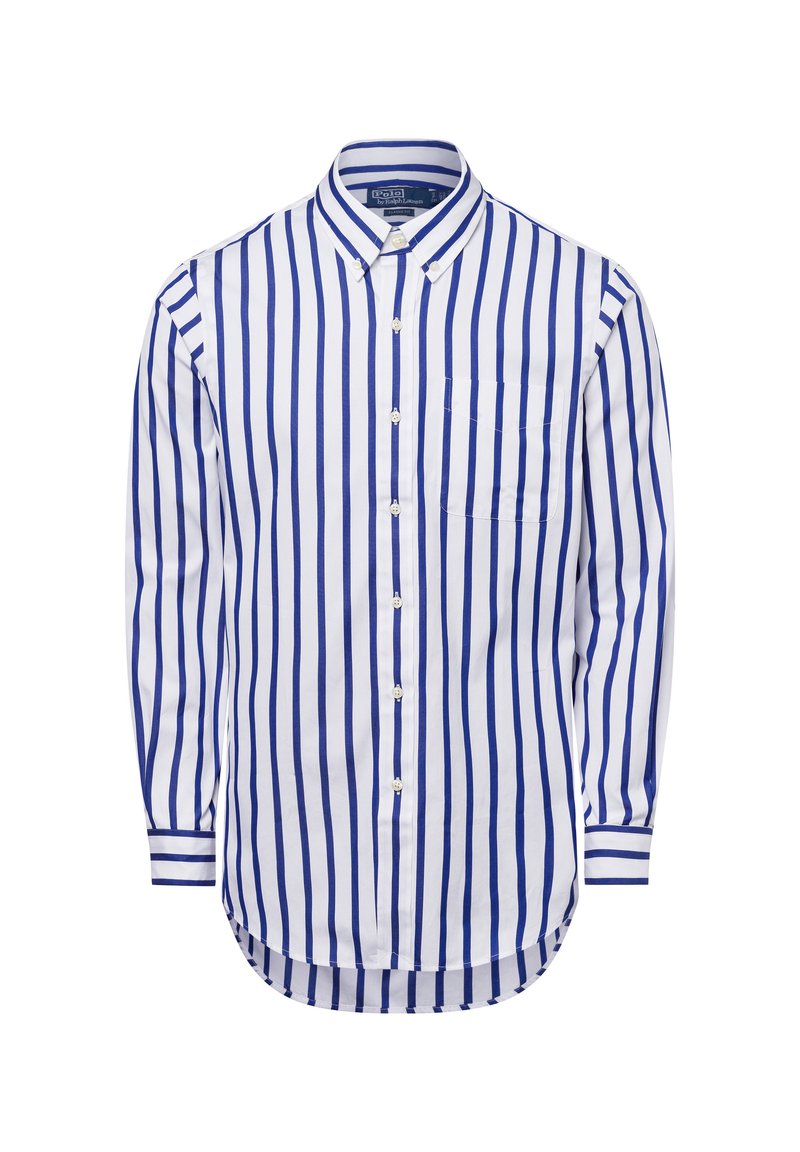 Weißes Hemd mit blauen vertikalen Streifen, langen Ärmeln, einer Brusttasche, abgerundetem Saum und kontrastierenden Streifen an den Manschetten.