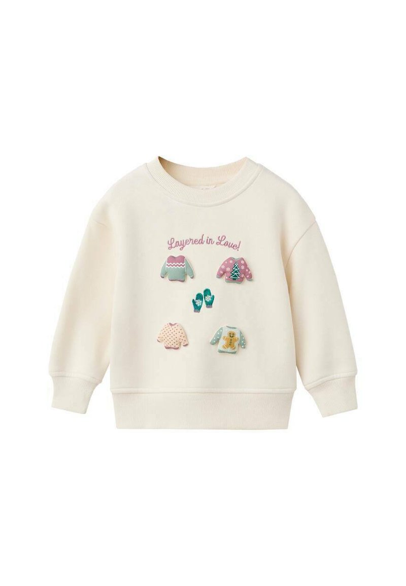 Sweatshirt crema con mini maglioni ricamati, pois e un albero di Natale. Il testo recita "Strati di Amore!" Maniche e fondo a coste.