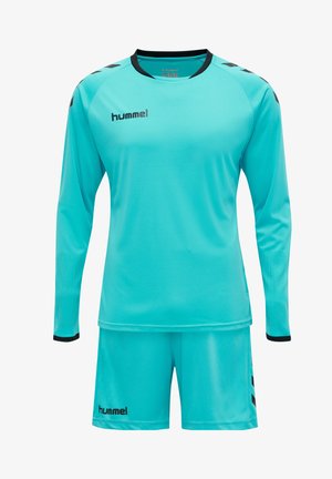 Türkise Sportuniform mit langärmligem Oberteil und Shorts. Verfügt über schwarze Akzente und Logo, strukturierte Ärmel und glattes Material.