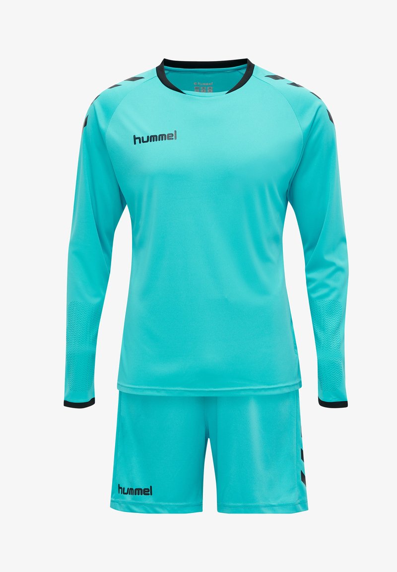 Turkise sportsuniform med langærmet trøje og shorts. Har sorte detaljer og logo, strukturerede ærmer og glat stof.