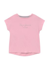 Růžové tričko s krátkým rukávem vyrobené z bavlny s kulatým lemem, na hrudi obsahuje nápis "Pepe Jeans London" vytvořený z kamínků.