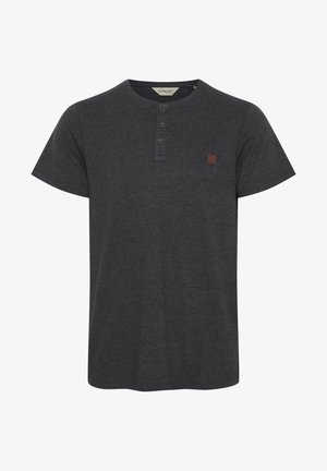 Dark gray short-sleeve t-shirt made of soft fabric, featuring a three-button henley neck, and a small brown logo patch on the chest.
