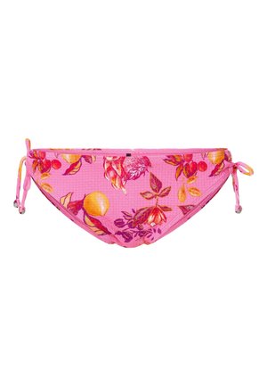 Parte inferiore di bikini rosa con motivo floreale in giallo, viola e rosso. Presenta lacci laterali regolabili con piccole perline decorative. Texture a waffle.