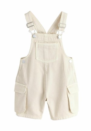 Salopetă pentru copii în culoarea crem, cu bretele reglabile, buzunar frontal pe piept și buzunare laterale cu clapetă, pe fundal alb.