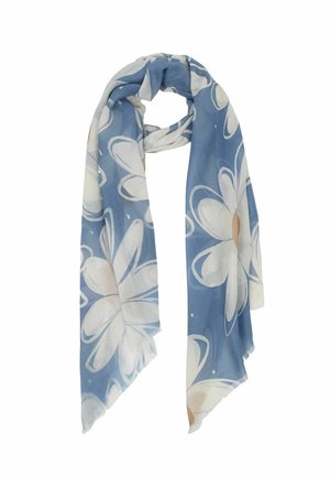 Blue scarf with large white and beige floral patterns, softly draped with fringed edges.