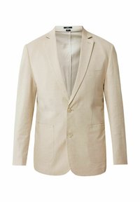 Beige linneblazer med snedkrage, två framfickor och två knappar, med en enkel, ofodrad interiördesign.
