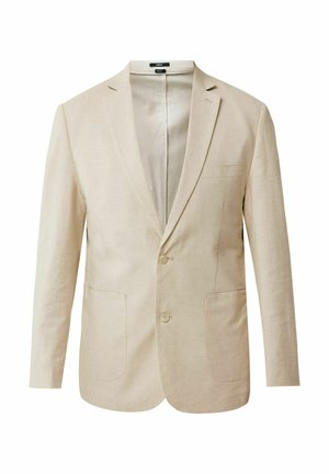 Beige linen blazer featuring a notched collar, two front pockets, and two buttons, with a simple, unlined interior design.