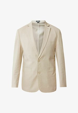 Beige linnen blazer met een geknipt kraag, twee voorzakken en twee knopen, met een eenvoudig, ongevoerd interieurdesign.