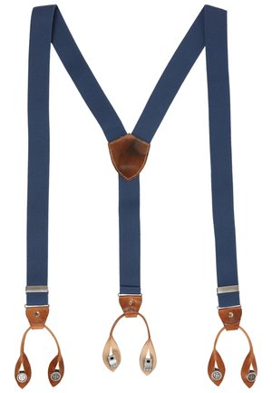 Granatowe szelki z tyłem w kształcie litery Y, z brązowymi skórzanymi pętelkami na guziki i metalowymi klipsami, zaprojektowane, aby pewnie trzymać spodnie.