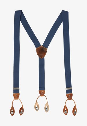 Granatowe szelki z tyłem w kształcie litery Y, z brązowymi skórzanymi pętelkami na guziki i metalowymi klipsami, zaprojektowane, aby pewnie trzymać spodnie.