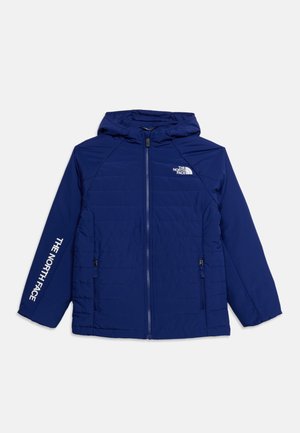 Marineblauwe jas met capuchon, ritssluiting aan de voorkant, ritssluitingen aan de zijkanten en witte "The North Face" logo’s op de borst en linker mouw.