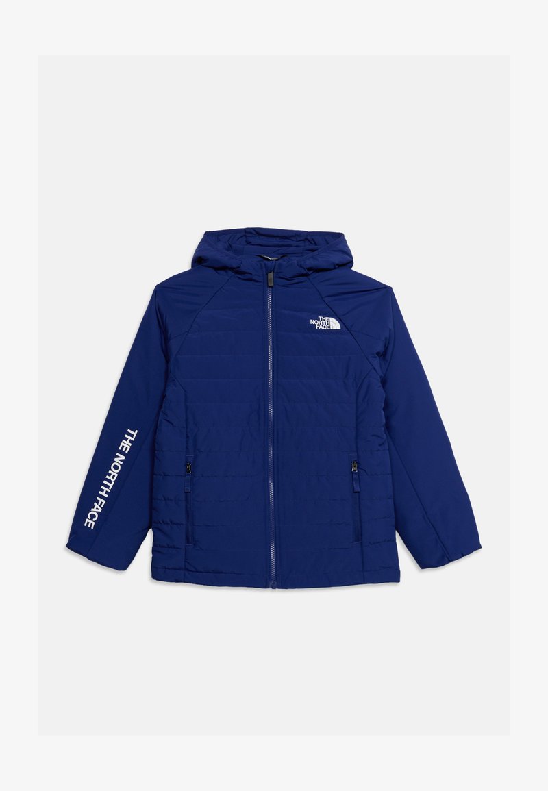 Veste à capuche bleu marine avec fermeture éclair frontale, poches latérales zippées et logos blancs "The North Face" sur la poitrine et la manche gauche.