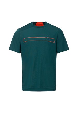Dunkel petrolfarbenes kurzärmeliges Sport-T-Shirt mit orangefarbenem rechteckigem Umriss und Vaude-Logo auf der Brust, Rundhalsausschnitt mit orangefarbenem Innenkragen.