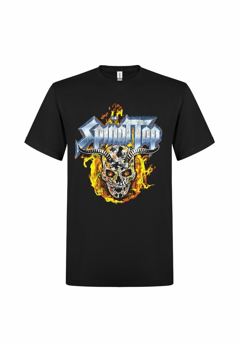 Černé bavlněné tričko s grafickým designem lebky s rohy obklopené plameny a textem "Spinal Tap" v metalické modré barvě.